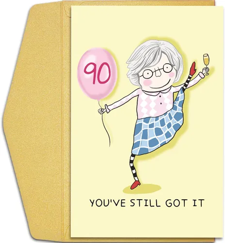 Qiliji Divertida tarjeta de cumpleaños 90 para mujer, tarjeta de cumpleaños de 90 años para ella, tarjeta de felicitación de feliz cumpleaños