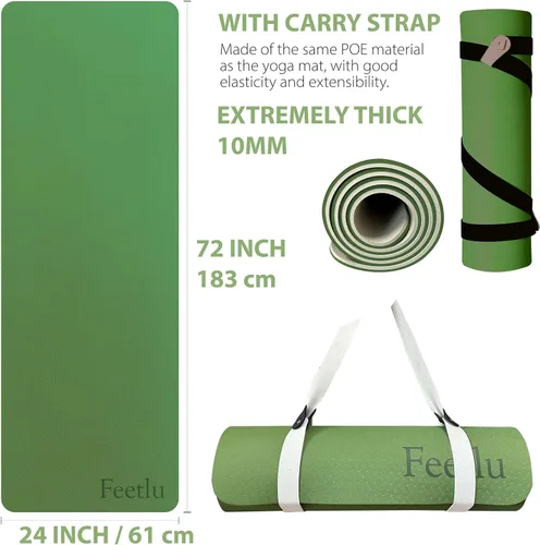 Miniatura 2 de Tapete de yoga para ejercicios extra grueso con correa - 2/5 pulgadas (10 mm), tapete antideslizante para entrenamiento de yoga, pilates y Verde