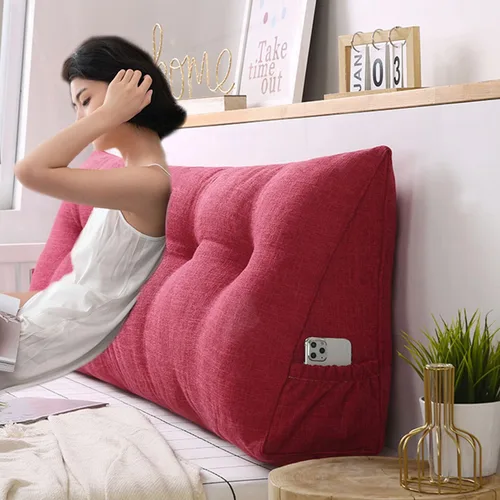 Miniatura 4 de Almohada triangular grande para cabecero de lectura, almohada de lino y algodón para sofá cama, cojín de apoyo de posicionamiento con funda Rojo