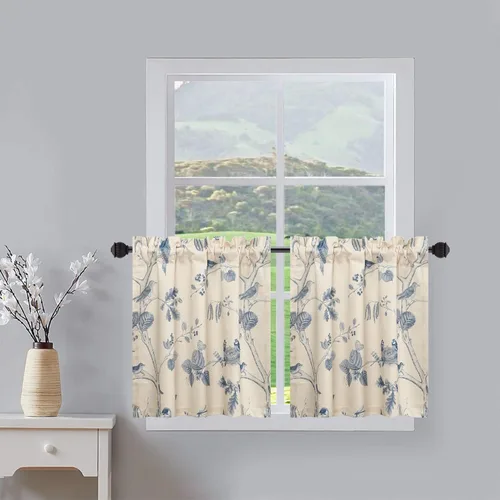Miniatura 11 de Leeva Cortinas rústicas de cocina con estampado floral verde mezclado de lino para media ventana, para comedor, bolsillo para barra, cafetería
