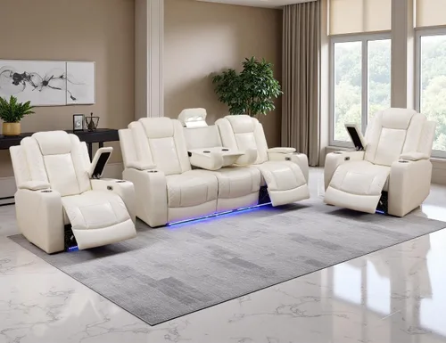 Miniatura 27 de Juego de Sofá Reclinable Eléctrico, Juego de Sofá y Sillón Reclinable de Cuero Negro, Juegos de Muebles de Sala de Estar, Sofá de Dos Plazas