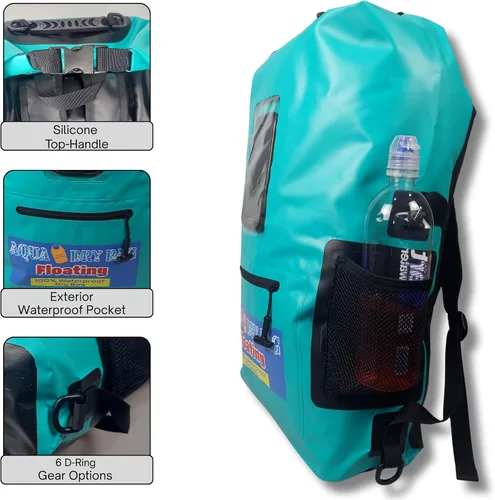 Miniatura 4 de Mochila impermeable de 28 L, bolsa seca verde azulado para teléfono celular con ventana exterior para un fácil uso durante todos los deportes