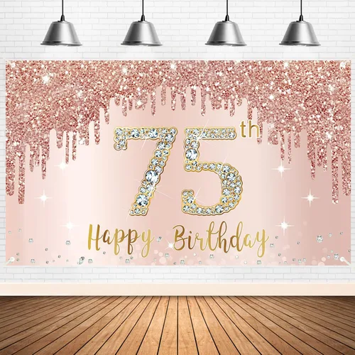 Cartel de cumpleaños 75 para mujer, decoración de fondo de fiesta de cumpleaños de 75 años de oro rosa, póster de cumpleaños de 75 años, decoración