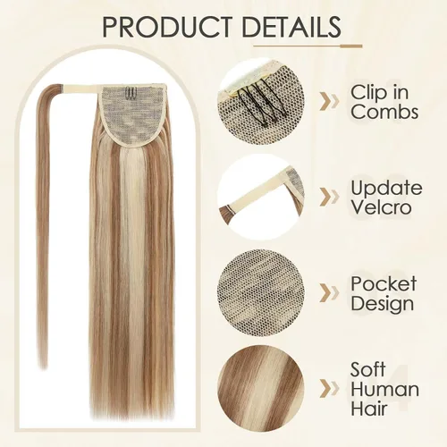 Miniatura 3 de Benehair Extensión de cola de caballo envolvente con pasta mágica, extensiones de cabello humano natural largo lacio de una pieza para mujeres, 22
