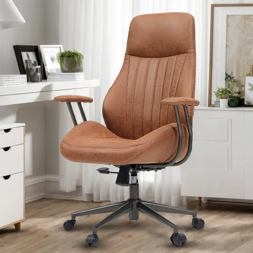 Miniatura 14 de Silla de oficina para el hogar con respaldo medio, silla de escritorio moderna de cuero de mediados de siglo, silla ejecutiva cómoda y giratoria