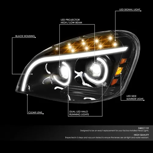 Miniatura 2 de DNA MOTORING HL-HAY-040-BK - Par de faros LED C-Halo con proyectores y barra de luz 3D, compatible con Freightliner Cascadia 08-17, carcasa negra