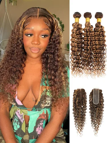 Miniatura 26 de P4/27 Cabello Humano Solitario de Onda Profunda con Reflejos Rubios Miel, 12A 100% Tejido Brasileño Virgen Ondulado Grueso con Mechas Ombre Marrón