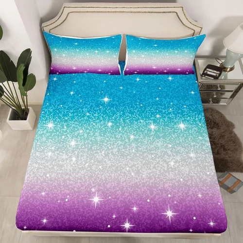 Miniatura 11 de Erosebridal Juego de ropa de cama de lentejuelas con purpurina y estrellas, sábanas de bolsillo profundo arcoíris y galaxia espacial, sábana bajera