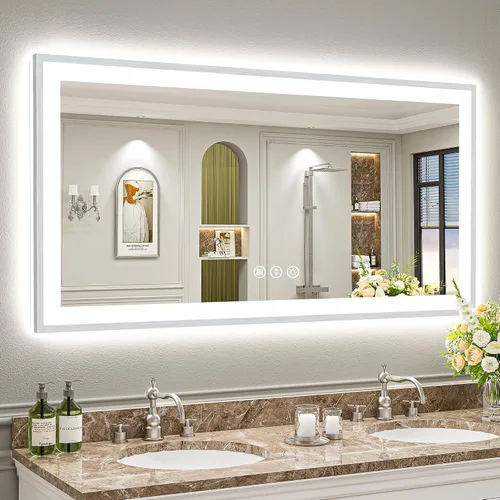 Miniatura 128 de 24x30 Espejo de baño LED con marco negro con luces, retroiluminado + iluminación frontal, espejo de tocador iluminado antivaho para pared de baño
