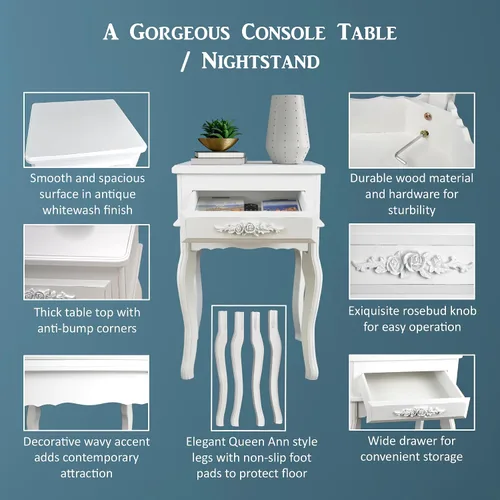 Miniatura 4 de Westcharm Mesita de noche vintage blanca pequeña Mesa auxiliar Queen Anne Mesa auxiliar de madera antigua Shabby Chic Mesita de noche