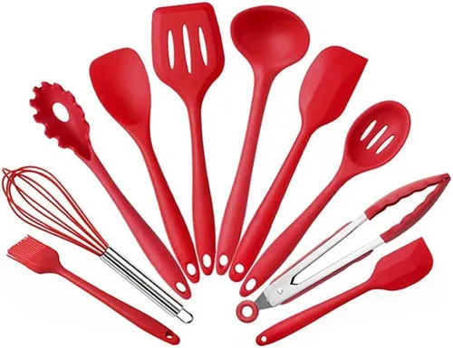 Juego de utensilios de cocina, 10 utensilios de cocina de silicona, utensilios de cocina antiadherentes, espátula, cucharón, batidoras, pala, Rojo