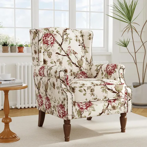 Miniatura 57 de Silla reclinable tapizada, sillón de ala floral con respaldo y reposapiés ajustables, cómoda silla decorativa para leer, sofá individual