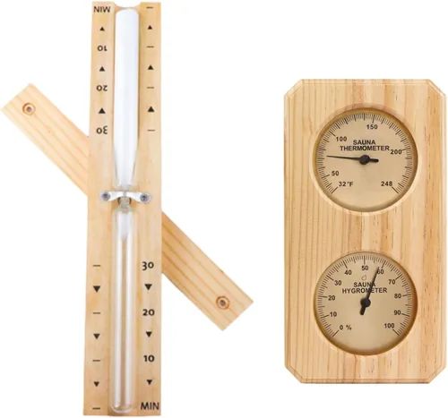 Termómetro higrómetro de sauna de 2 piezas con temporizador de arena de 30 minutos, doble calibre Fahrenheit y humedad de temperatura Celsius para