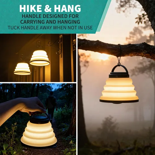 Miniatura 9 de Paquete de 2 luces plegables para campamento, funciona con pilas, linterna LED plegable, para campamento, luz blanca cálida, impermeable, lámpara