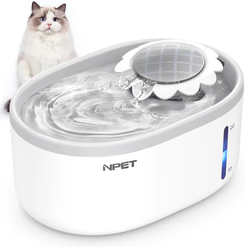 NPET fuente de agua para gatos con ventana de nivel de agua visible, gris y blanco, fuente de agua automática para mascotas de 2 l/67 oz con bomba