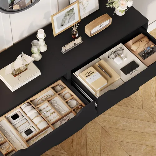 Miniatura 7 de HOSTACK Cómoda negra, cómoda de 4 cajones, cómoda moderna con asas recortadas, aparadores pequeños con cajón, organizador de cofre de maquillaje