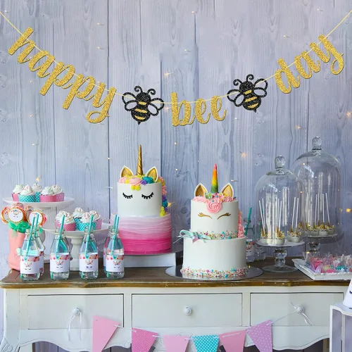 Miniatura 3 de Cartel de Feliz Día de la Abeja con purpurina dorada/Suministros de fiesta de baby shower con temática de abejorros/Nueva mamá/fiesta de revelación