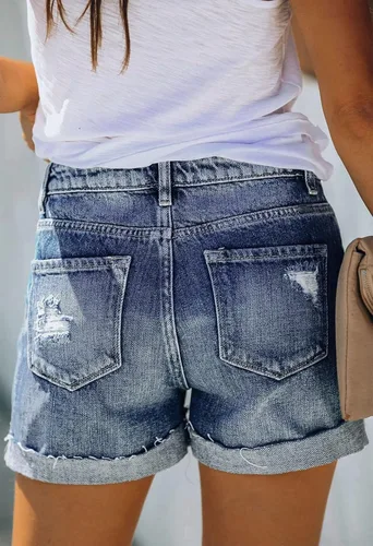 Miniatura 5 de HUUSA Pantalones cortos de mezclilla rasgados para mujer, cintura alta, desgastados, casuales, dobladillo enrollado, pantalones cortos con bolsillos