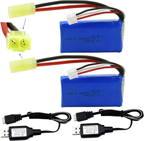 Blomiky Paquete de 2 baterías Li-PO de 7.4 V 1200 mAh 8.88 Wh y 2 cables de cargador USB de repuesto para escala 1/18 9310YL 9300 9301E 9302E 9303E