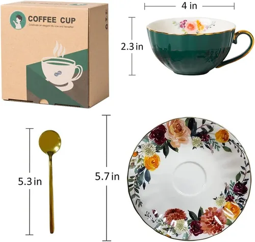 Miniatura 6 de JOYOFUN Taza y Platillo de Té Verde, Taza de Café de Porcelana con Diseño Floral Forrado de Cerámica Real con Ribete Dorado y Cuchara, Taza