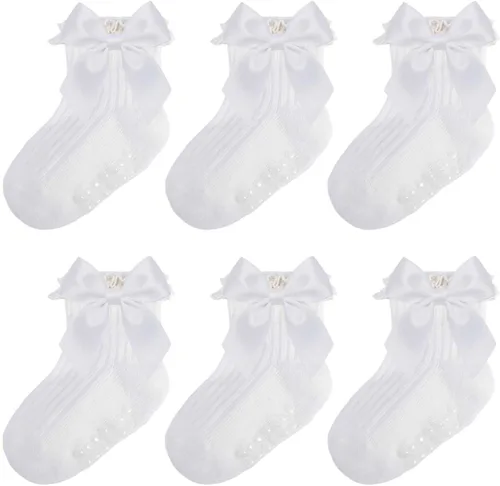 Miniatura 19 de Calcetines para bebé niña con agarre antideslizante con volantes con lazos, algodón suave, calcetines con empuñaduras para bebé recién nacido