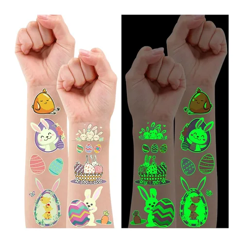 Partywind 132 piezas (12 hojas) tatuajes temporales luminosos de Pascua para rellenar cestas de niños, decoraciones de Pascua brillantes,