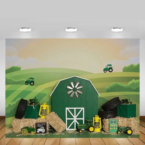 Miniatura 2 de MEHOFOND Telón de fondo de fiesta de cumpleaños de tractor para niño y niña, feliz primer cumpleaños, retrato de granja verde, fotografía de fondo