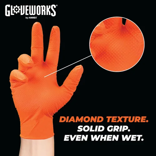 Miniatura 4 de GLOVEWORKS Guantes de trabajo de nitrilo naranja de 8 mil, desechables, resistentes, con agarre de diamante elevado, guante mecánico, XXL, caja