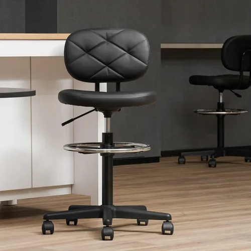 Miniatura 2 de KLASIKA Taburetes rodantes de piel sintética con reposapiés y soporte para la espalda, silla de dibujo tapizada con diamante ajustable con ruedas