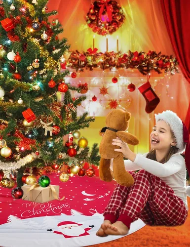 Miniatura 5 de Falda de árbol de Navidad, 48 pulgadas Falda de árbol de Navidad a cuadros de búfalo rojo y negro, falda de árbol de Navidad rústica gruesa