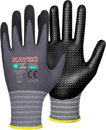 Miniatura 21 de KAYGO MicroFoam - Guantes de trabajo con revestimiento de nitrilo, 12 pares KG19N de nailon de punto sin costuras, micropuntos para un mejor agarre
