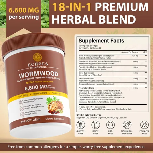 Miniatura 8 de Limpieza de clavo de nogal negro de ajenjo para humanos – Fórmula de apoyo digestivo y salud intestinal 18 en 1, 6600 mg por porción, 240 cápsulas