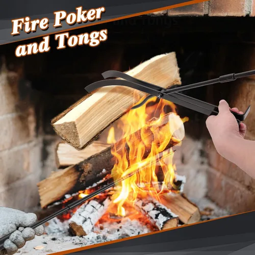 Miniatura 6 de FUQUN Juego de herramientas para chimenea, 5 piezas de póquer resistente con soporte, accesorios de hierro forjado para estufa de leña
