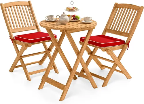 Miniatura 10 de Giantex Juego de 3 piezas de mesa plegable de madera, 2 sillas acolchadas para jardín, muebles de exterior mesa redonda (natural y beige)