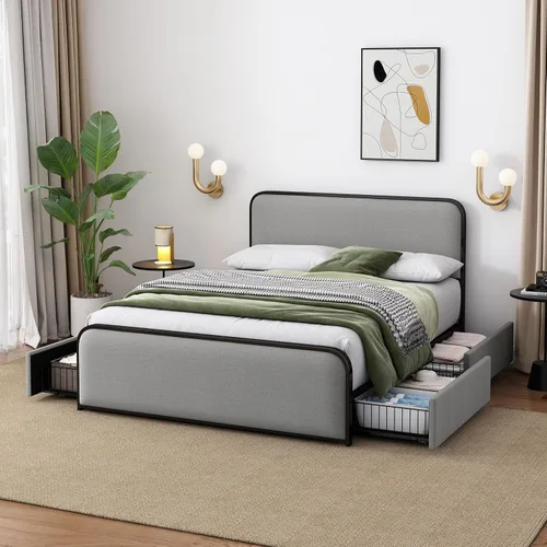 Miniatura 18 de SOFTSEA Cama de plataforma de tamaño matrimonial con nido, cama matrimonial tapizada con cabecero curvado para niños, adolescentes, invitados, tela