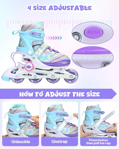 Miniatura 5 de Sportneer Patines en línea ajustables de 4 tamaños para niñas, patines en línea para niños, talla 12C-9 con ruedas iluminadas, patín