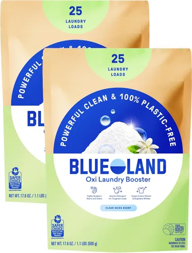 Miniatura 11 de BLUELAND Oxi - Polvo potenciador de ropa con lata, juego de iniciación, aroma Clear Skies, 25 cargas, 17.6 onzas, sin plástico, ecológico, limpiador