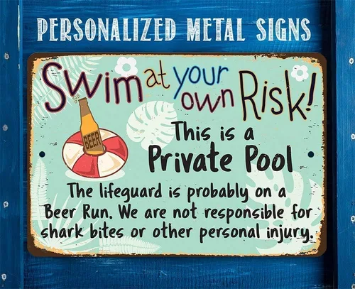 Miniatura 2 de Cartel de piscina – Arte de pared de metal «Swim at Your Own Risk» – Decoración duradera de piscina al aire libre para terraza, patio o patio