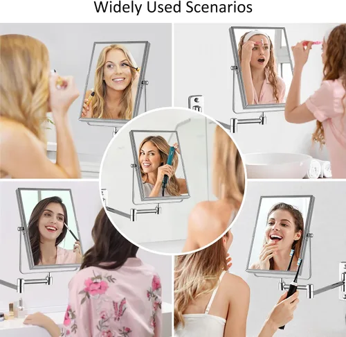 Miniatura 4 de QiMH Espejo de maquillaje de pared con aumento 3X Rectangular 8 x 6 pulgadas con brazo extensible Espejo giratorio de doble cara con acabado