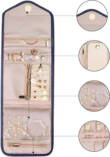 Miniatura 4 de BAGSMART Estuche organizador de joyas de viaje plegable para anillos, collares, aretes, pulseras, mini, azul ahumado