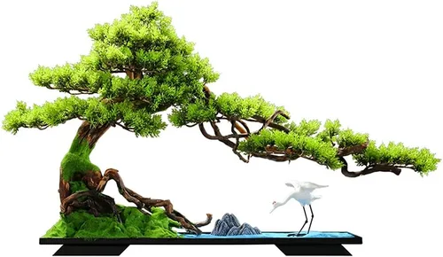 TOMYEUS Árboles artificiales para interiores, árbol de bonsái artificial, grúa de cerámica blanca, rocalla de cerámica y arena fina azul, decoración