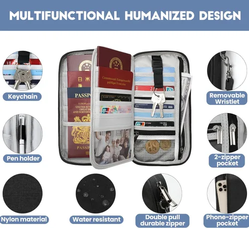 Miniatura 5 de Cartera para pasaporte, soporte para pasaporte RFID con ranura para tarjeta de vacunación, para familias y mujeres y hombres, organizador