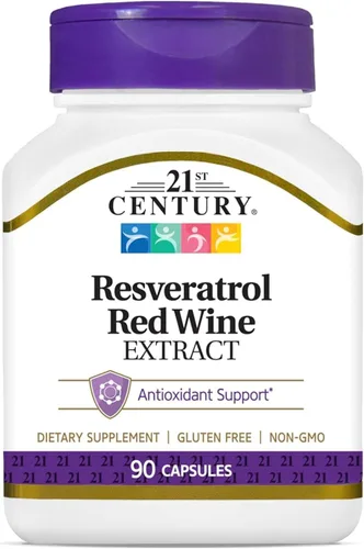 21st Century Cápsulas de extracto de vino tinto de resveratrol (90 unidades), suplemento de resveratrol con extracto de semilla de uva, polifenoles