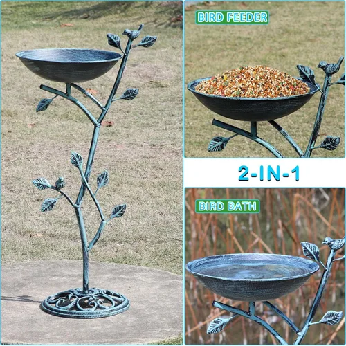 Miniatura 5 de HOUYANG Baño para pájaros con pedestal de hierro fundido de 11.4" de ancho x 31" de alto, baños para pájaros para exteriores, baño para pájaros