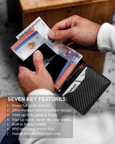 Miniatura 4 de Gemonklee Billetera emergente, soporte de aluminio para tarjetas de crédito con soporte para AirTag con cremallera RFID, cartera con clip