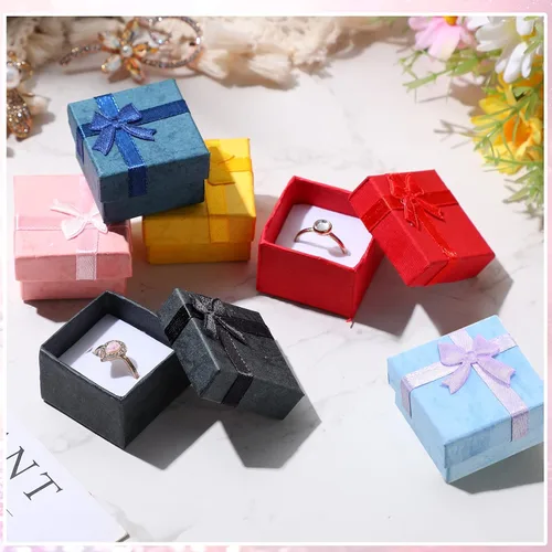 Miniatura 6 de 72 cajas de anillos de 1.6 x 1.6 pulgadas, caja de joyería de cartón duro con lazo de cinta, pequeñas cajas de regalo para pequeñas empresas