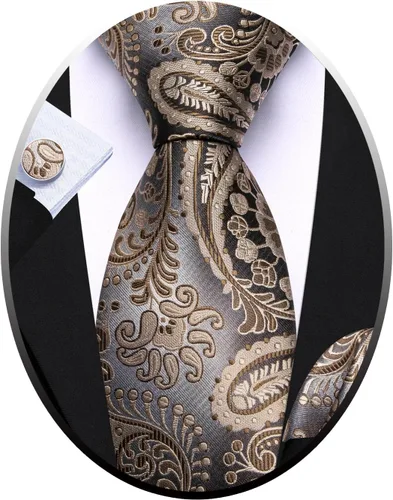 Miniatura 155 de Barry.Wang - Juego de corbata de seda para hombre, diseño de cachemira, pañuelo y gemelos de bolsillo