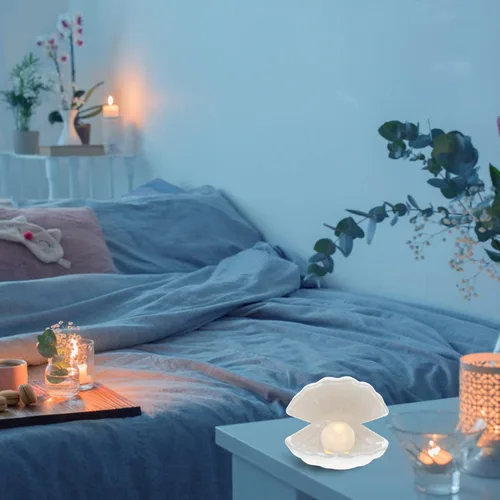Miniatura 7 de IMIKEYA Shell Pearl Light White Ceramic LED Pearl in Shell Luz nocturna Escritorio portátil inspirado en el océano Lámpara de concha para dormitorio