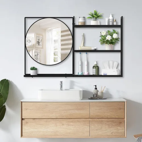 Miniatura 21 de Espejo de baño con estante, espejo de pared rectangular negro, marco de metal, colgante horizontal o vertical (24 x 20 pulgadas)