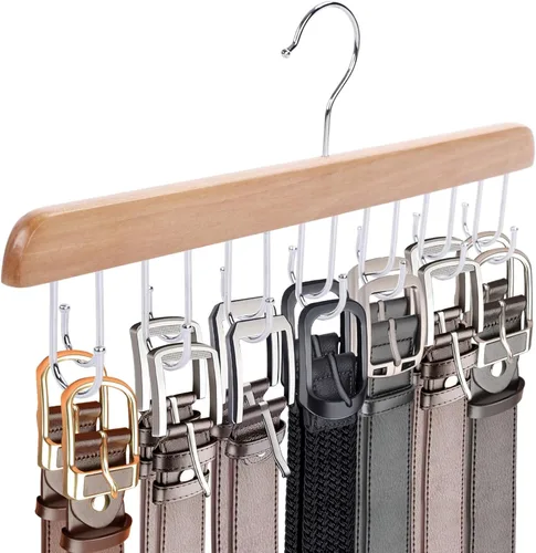 JOHOUSE Organizador de cinturón para armario Max 42 cinturones, soporte de madera para sujetadores deportivos con 14 ganchos para hombres y mujeres,